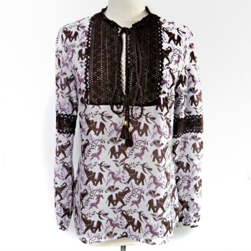 Tory Burch Bailey Crochet Tunic Blouse Elephant Leopard Jungle Lavender Lilac